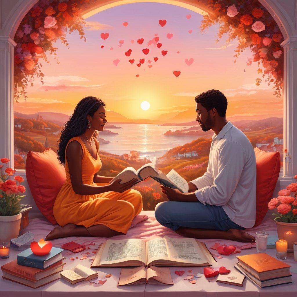 A warm, inviting illustration depicting a diverse group of couples engaging in deep conversation, surrounded by symbols of love and connection—hearts, flowers, and open books. In the background, a soft gradient sunset enhances the romantic atmosphere, while elements of self-love and empowerment are subtly integrated. The setting is cozy yet vibrant, radiating positivity and acceptance. whimsical style. warm colors. detailed illustration.