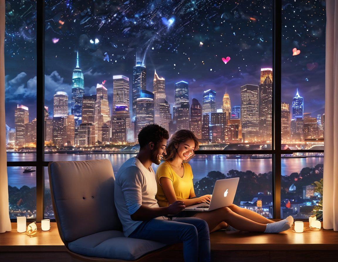 A serene scene depicting a cozy virtual date between a couple, sitting in front of their laptops with warm lights glowing. They are sharing a moment of laughter, with digital hearts and emojis floating around to symbolize connection. The background features a blend of technology and romance, like a city skyline with stars. Emphasize warmth and connection in a modern setting. vibrant colors. super-realistic.