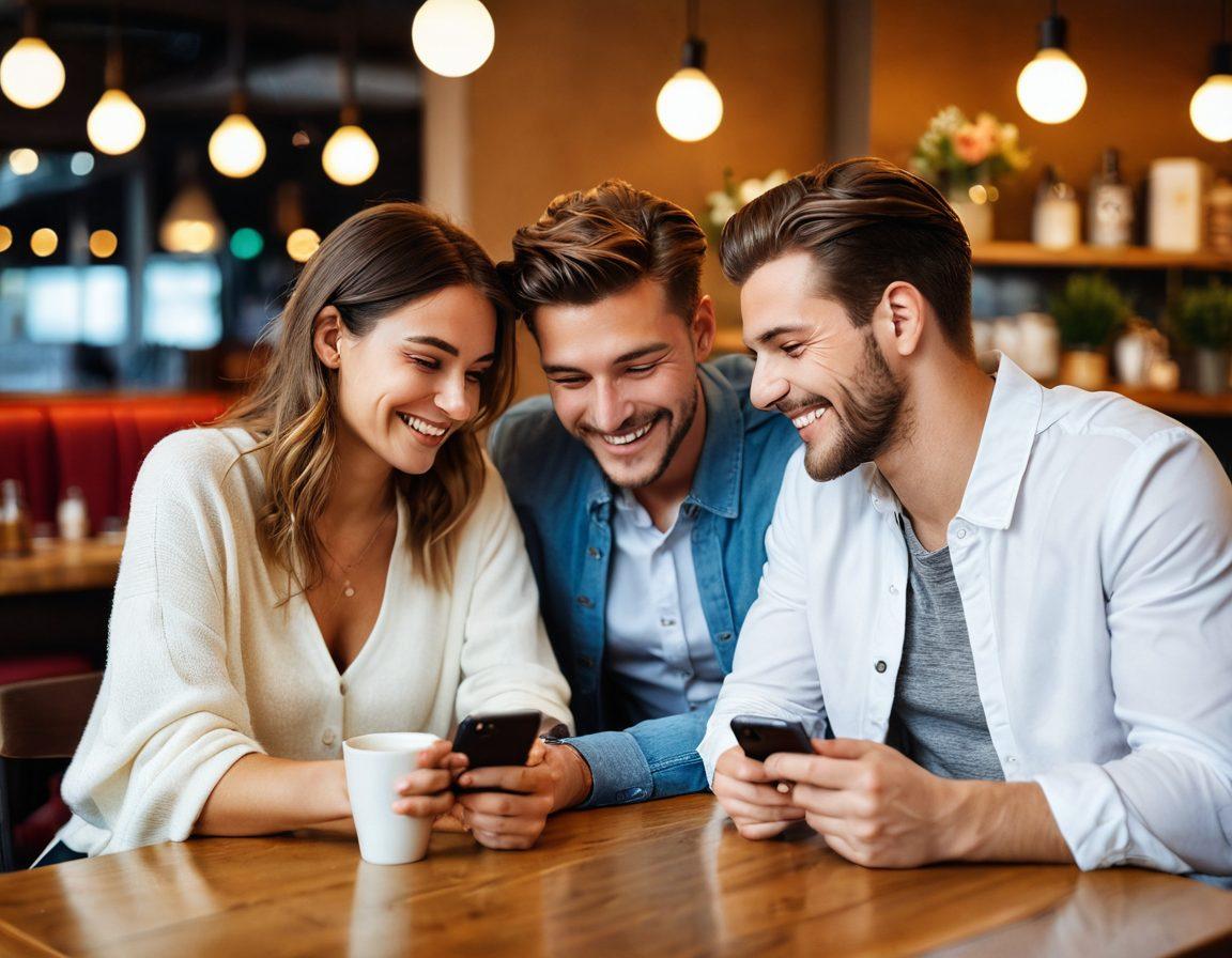 A stylish couple sitting at a cozy cafe, exchanging playful glances and laughter while smartphones are placed on the table, subtly showing dating app notifications. Background filled with soft warm lights and modern decor to convey a lively yet intimate atmosphere. Include hints of flowers and romantic ambiance around them, symbolizing connection and intimacy. super-realistic. vibrant colors. soft focus.